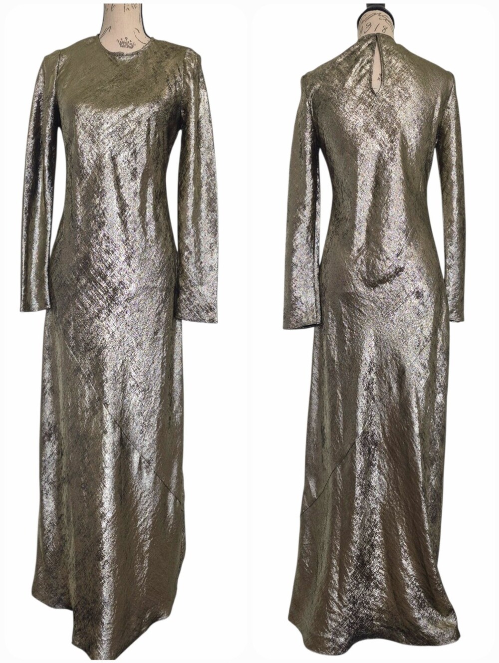 Banana Republic Inaya Metallic Gold sleeve Bias Cut Maxi Dress XS Formal Gown
